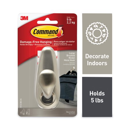 Command Adhesive Mount Metal Hook, Lrg, Brushed Nickel Finish, 1 Hook, 2 Strip FC13-BN-ES